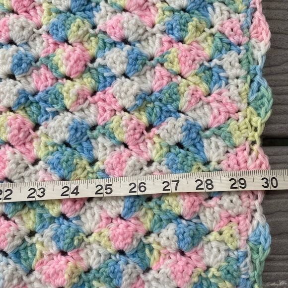 Vintage Crochet Afghan Baby Crib Blanket and Bib Handmade Pink Blue White - Picture 6 of 9